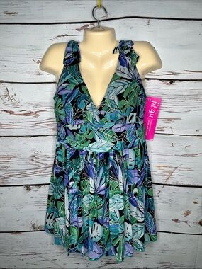 Fit 4U NWT 16 Floral Print Mesh Overlay One Piece Bathing Suit w/ Inner Shorts
